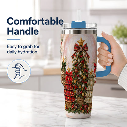 #pl[40oz|Blue] Patterned Christmas Trees Handled Tumbler, 40oz Festive Drinkware