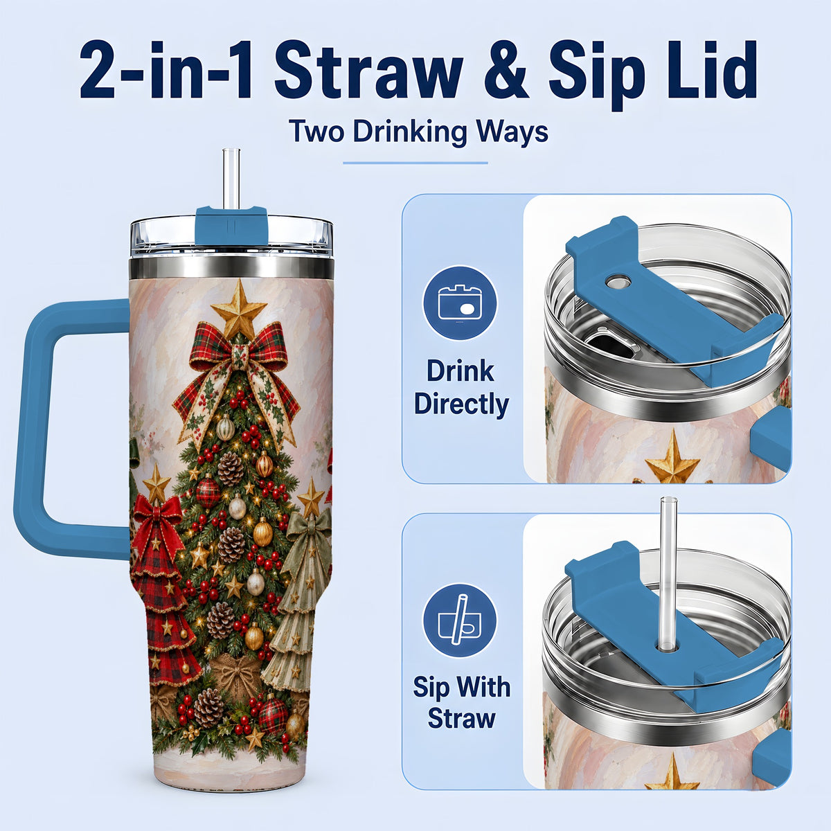 #pl[40oz|Blue] Patterned Christmas Trees Handled Tumbler, 40oz Festive Drinkware