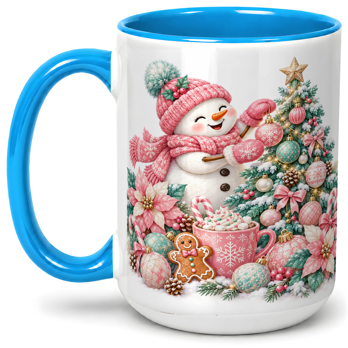 #pl[15oz|Blue] Pink Snowman Christmas Accent Mug, Ceramic Cup with Winter Art