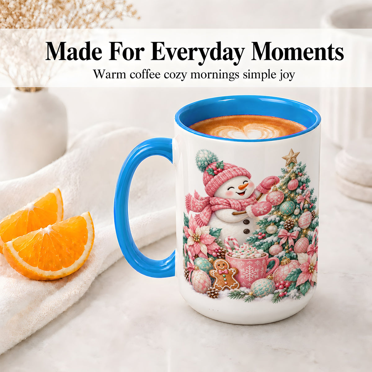 #pl[15oz|Blue] Pink Snowman Christmas Accent Mug, Ceramic Cup with Winter Art