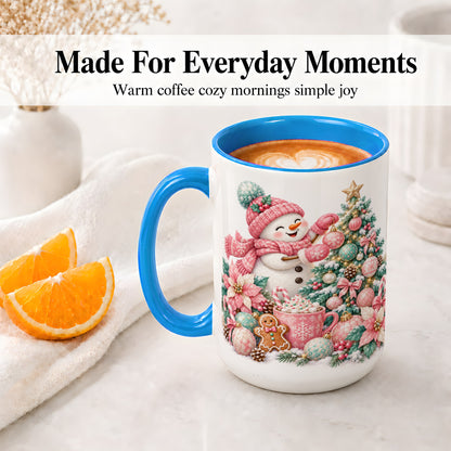 #pl[15oz|Blue] Pink Snowman Christmas Accent Mug, Ceramic Cup with Winter Art