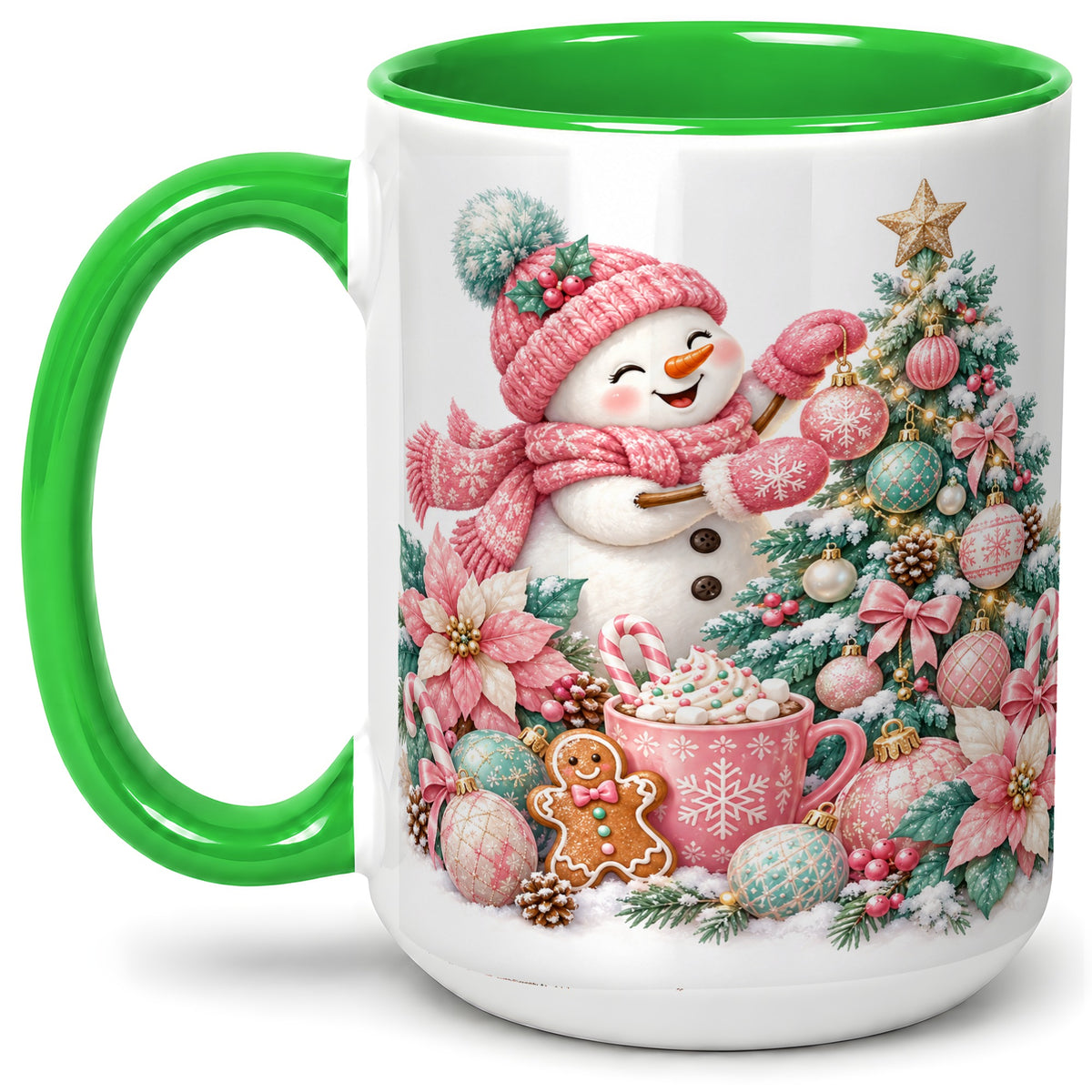 #pl[15oz|Green] Pink Snowman Christmas Accent Mug, Ceramic Cup with Winter Art