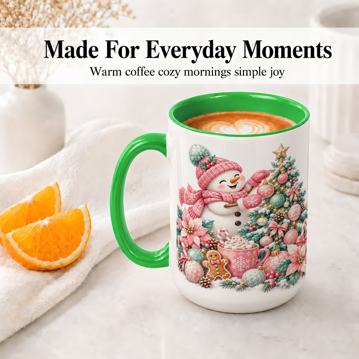 #pl[15oz|Green] Pink Snowman Christmas Accent Mug, Ceramic Cup with Winter Art