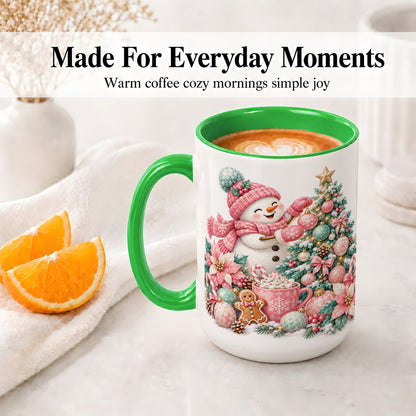 #pl[15oz|Green] Pink Snowman Christmas Accent Mug, Ceramic Cup with Winter Art
