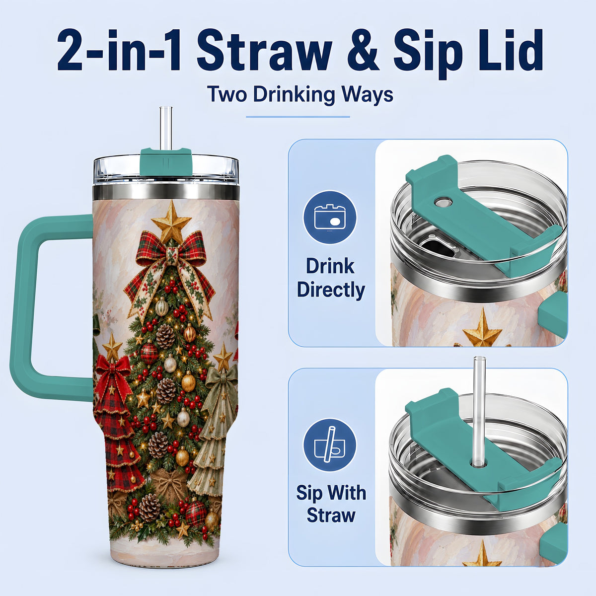 #pl[40oz|Green] Patterned Christmas Trees Handled Tumbler, 40oz Festive Drinkware