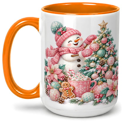 #pl[15oz|Orange] Pink Snowman Christmas Accent Mug, Ceramic Cup with Winter Art