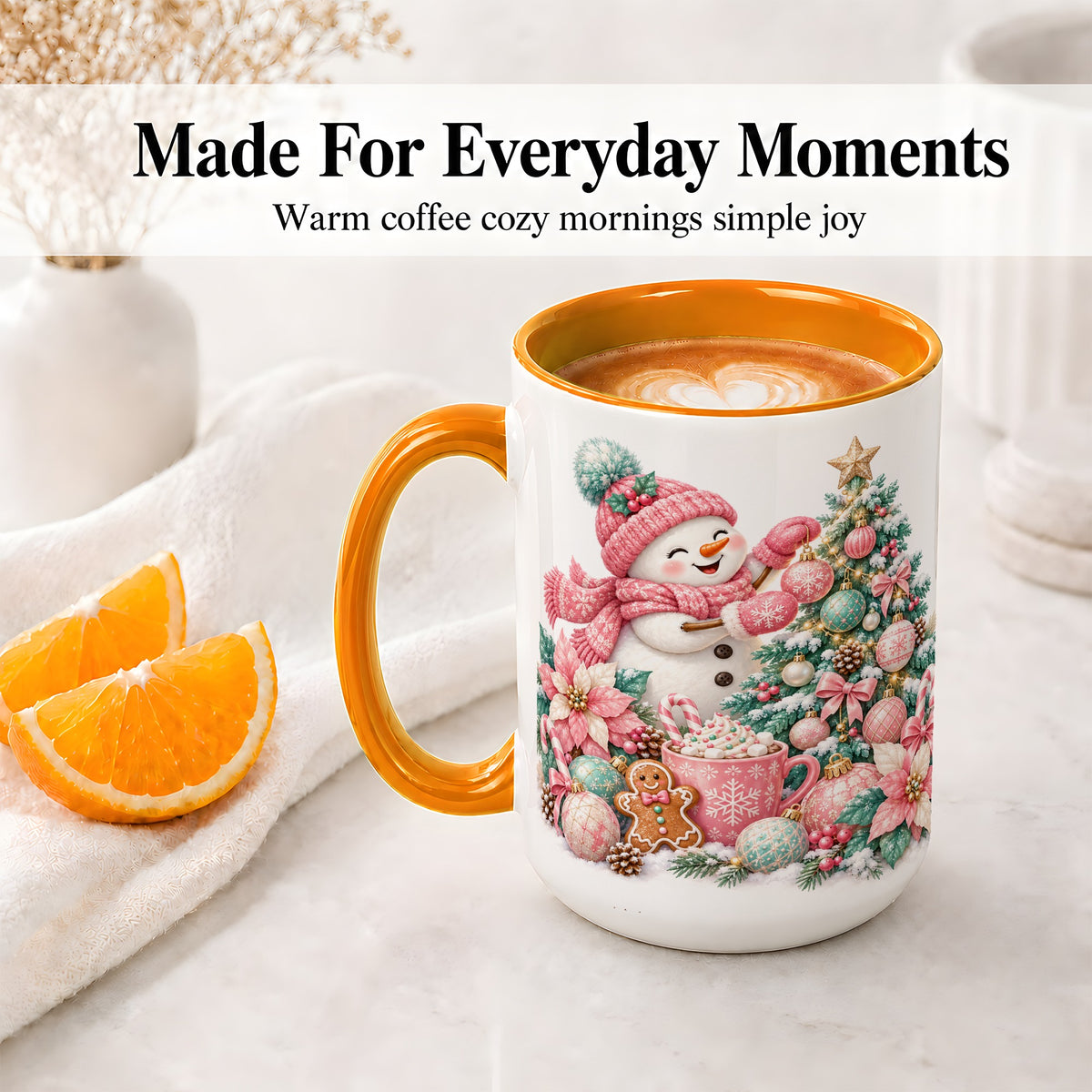 #pl[15oz|Orange] Pink Snowman Christmas Accent Mug, Ceramic Cup with Winter Art