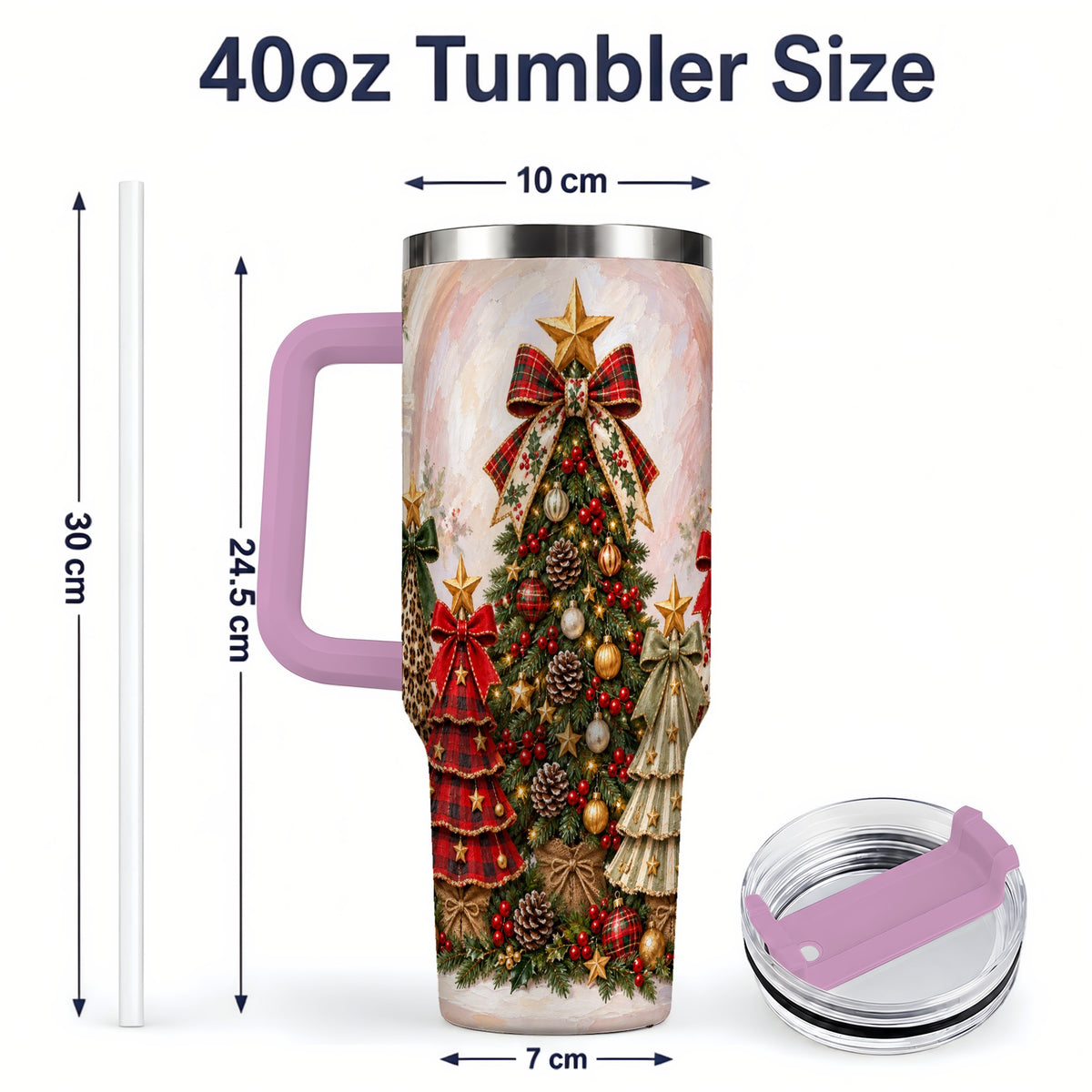 #pl[40oz|Pink] Patterned Christmas Trees Handled Tumbler, 40oz Festive Drinkware