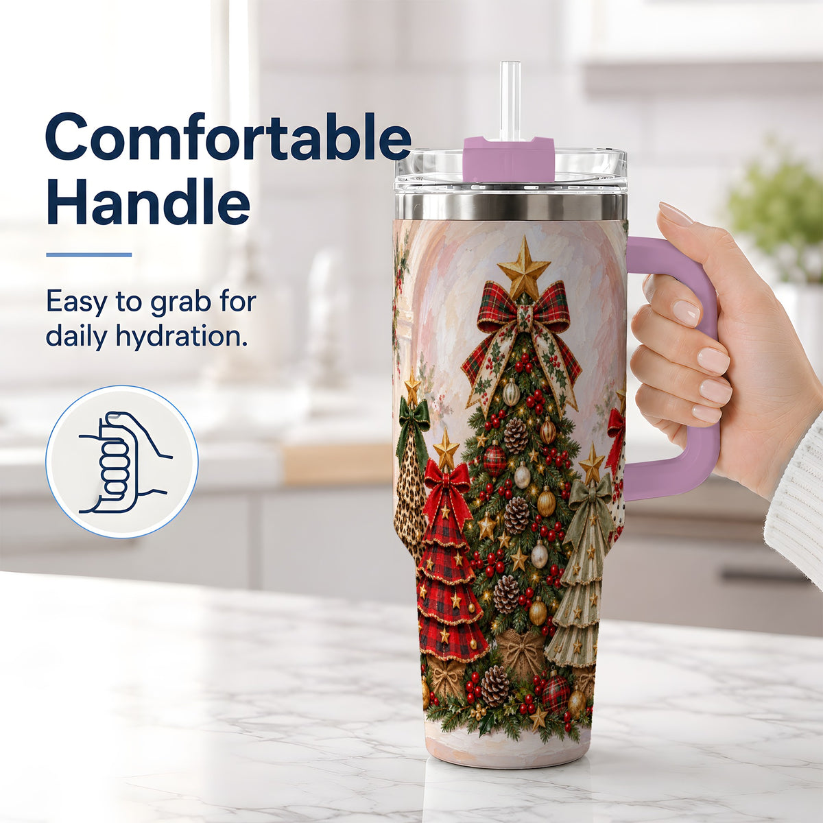 #pl[40oz|Pink] Patterned Christmas Trees Handled Tumbler, 40oz Festive Drinkware