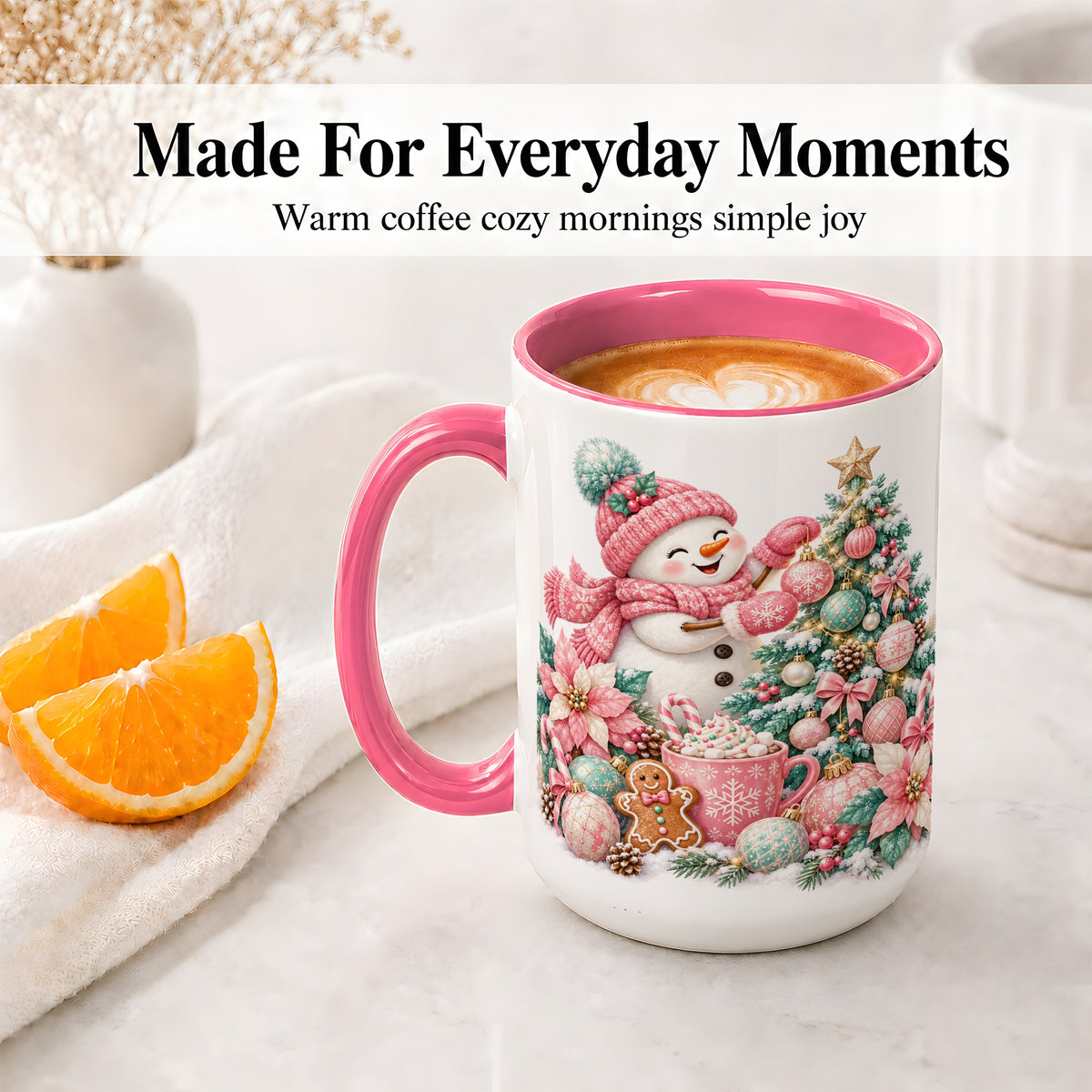 #pl[15oz|Pink] Pink Snowman Christmas Accent Mug, Ceramic Cup with Winter Art
