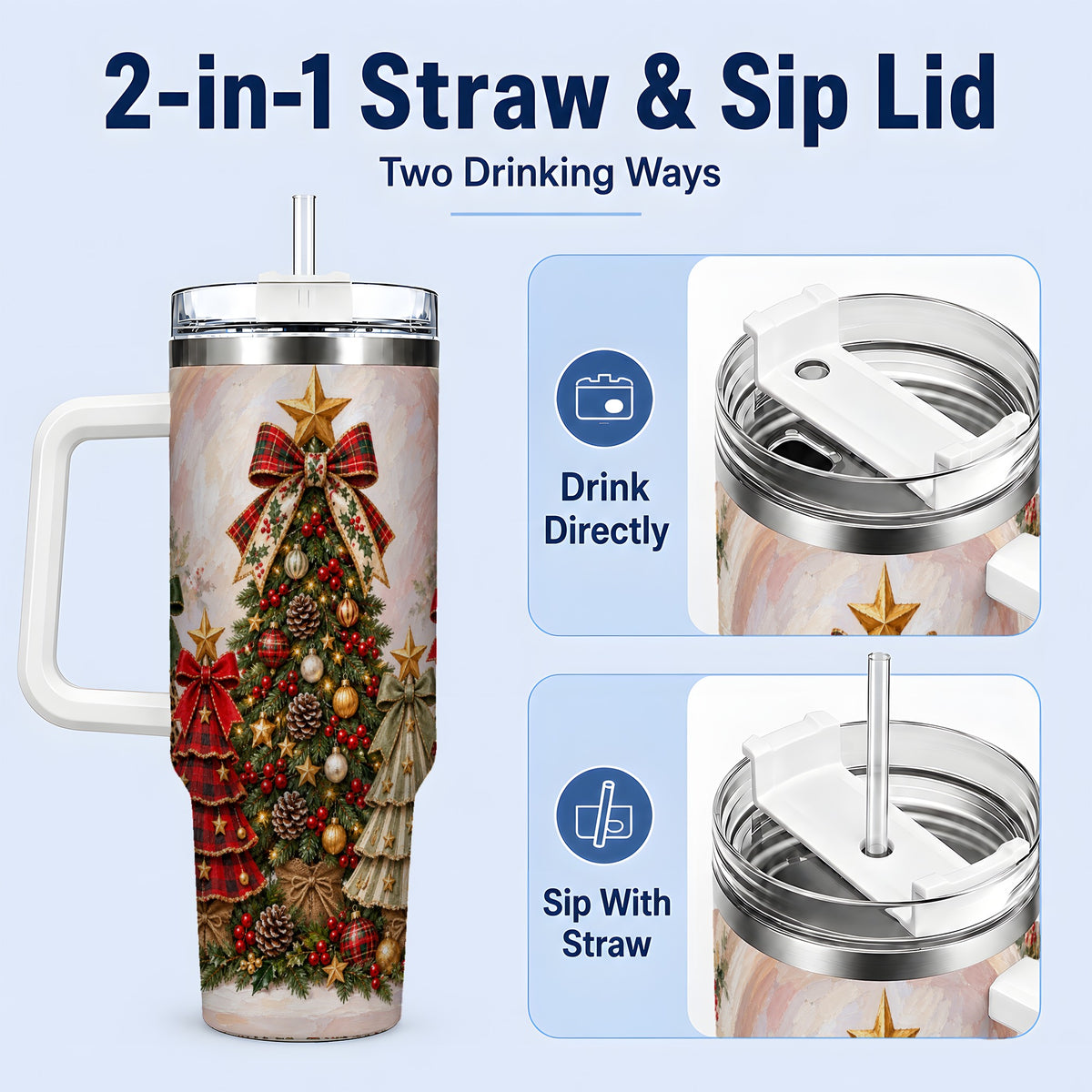 #pl[40oz|White] Patterned Christmas Trees Handled Tumbler, 40oz Festive Drinkware