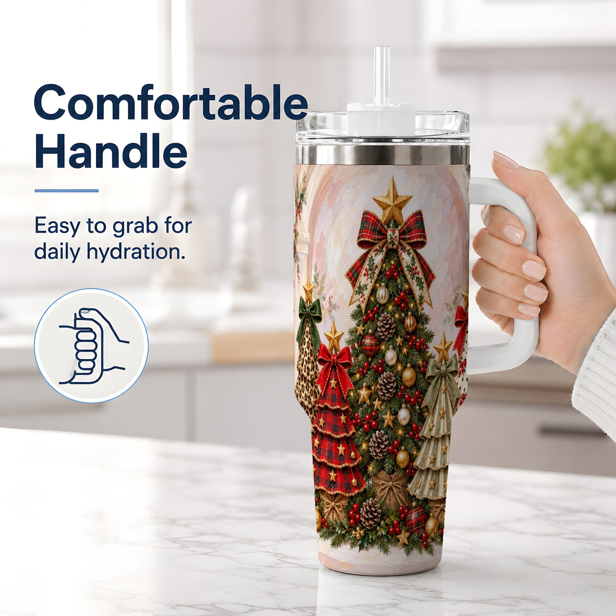 #pl[40oz|White] Patterned Christmas Trees Handled Tumbler, 40oz Festive Drinkware