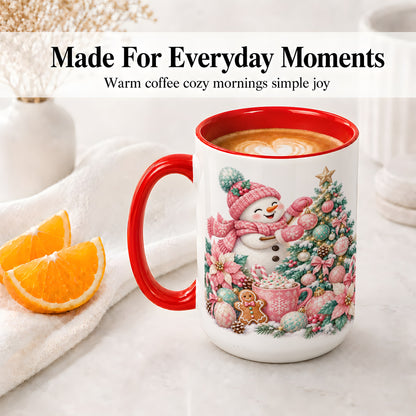 #pl[15oz|Red] Pink Snowman Christmas Accent Mug, Ceramic Cup with Winter Art