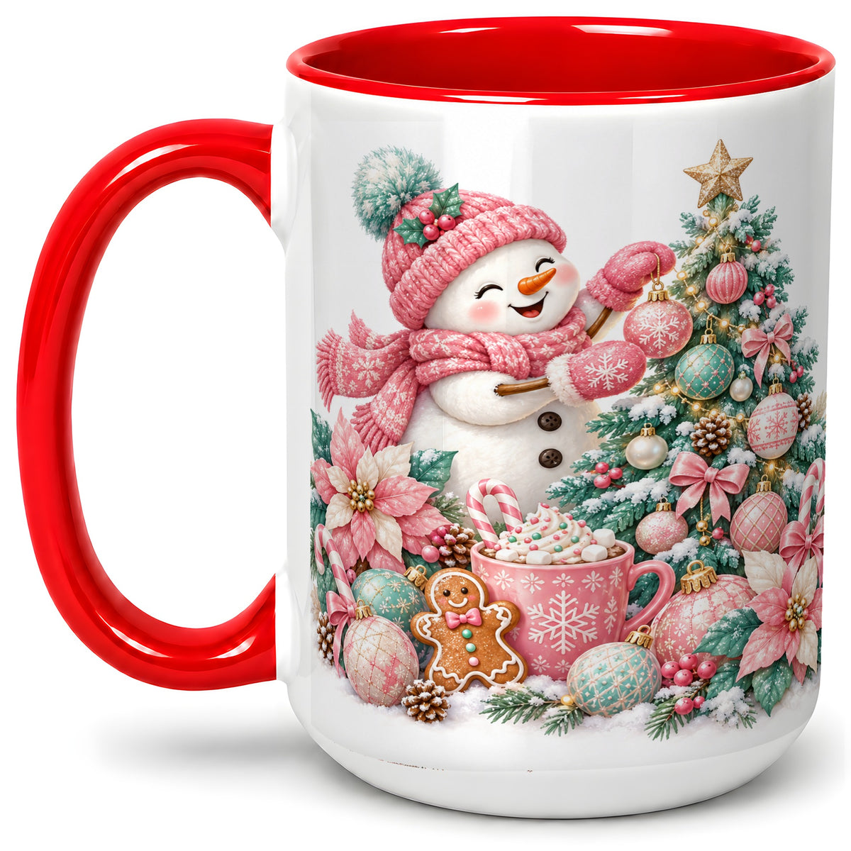 #pl[15oz|Red] Pink Snowman Christmas Accent Mug, Ceramic Cup with Winter Art