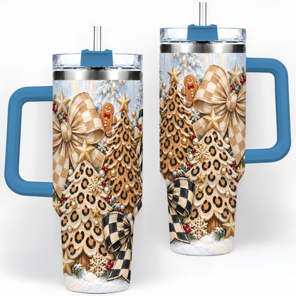 #pl[40oz|Blue] Leopard Christmas Trees Handled Tumbler, 40oz Checkered Holiday Design