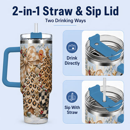 #pl[40oz|Blue] Leopard Christmas Trees Handled Tumbler, 40oz Checkered Holiday Design