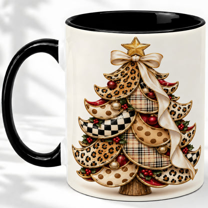 #pl[11oz|Black] Leopard Print Christmas Tree Accent Mug, Ceramic Cup with Plaid Art