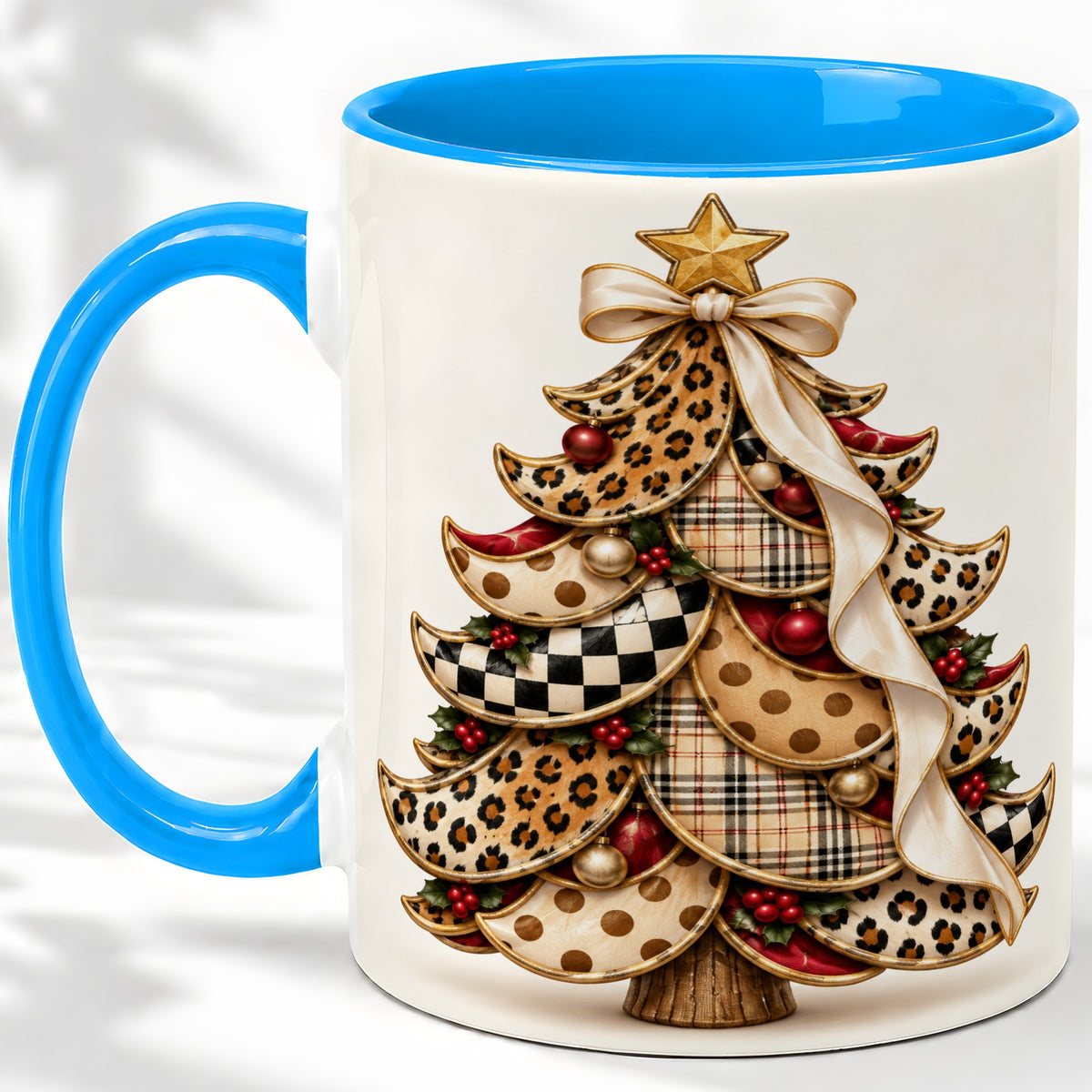 #pl[11oz|Blue] Leopard Print Christmas Tree Accent Mug, Ceramic Cup with Plaid Art
