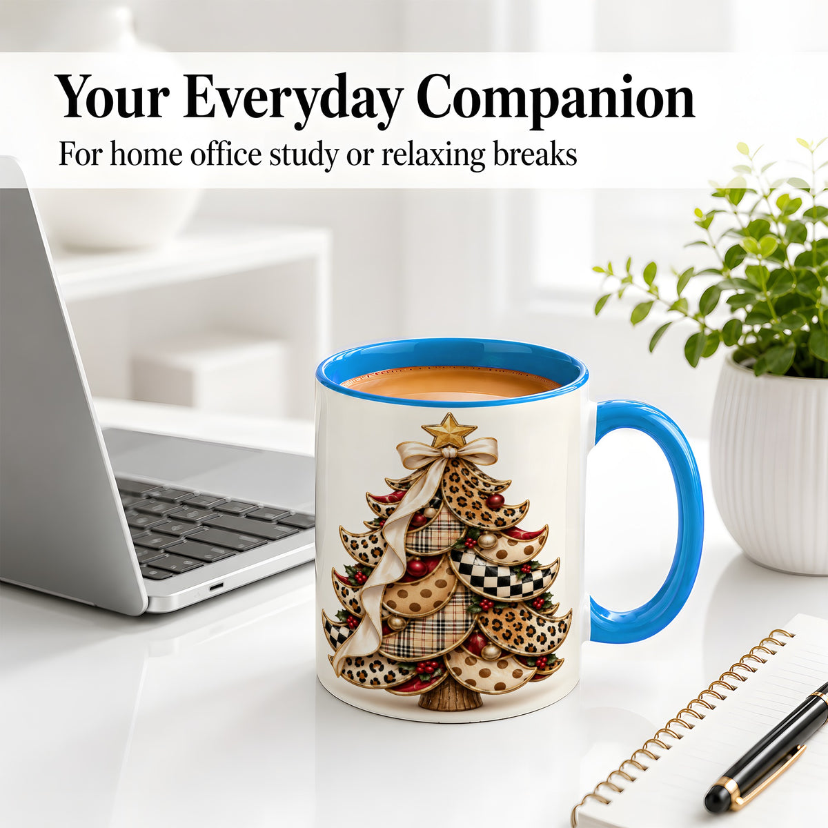 #pl[11oz|Blue] Leopard Print Christmas Tree Accent Mug, Ceramic Cup with Plaid Art