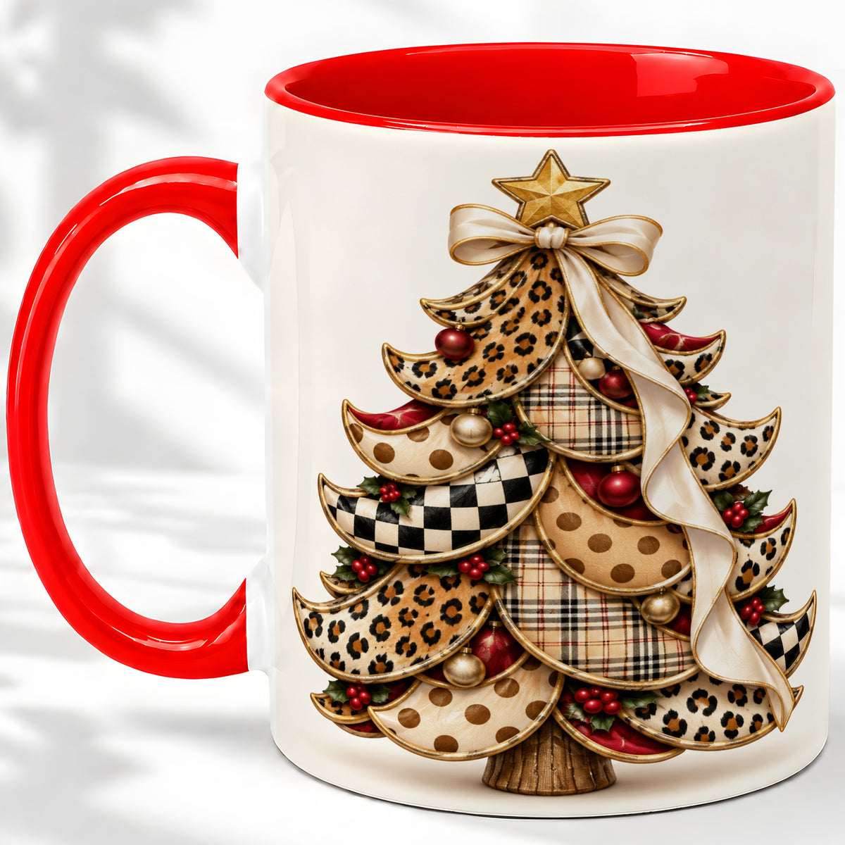 Leopard Print Christmas Tree Accent Mug, Ceramic Cup with Plaid Art