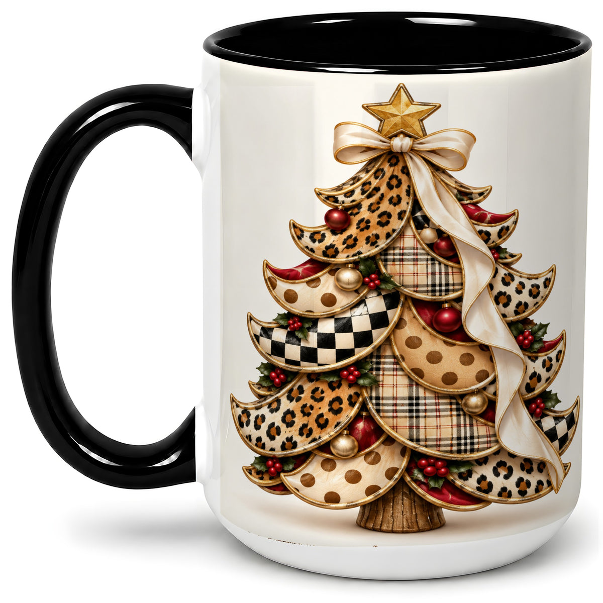 #pl[15oz|Black] Leopard Print Christmas Tree Accent Mug, Ceramic Cup with Plaid Art