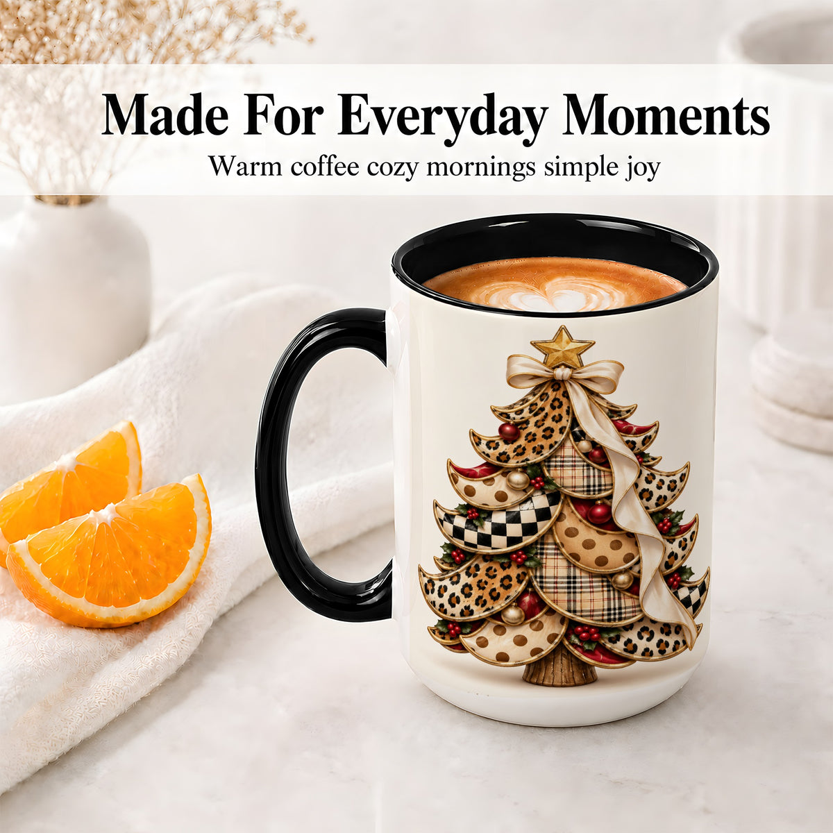 #pl[15oz|Black] Leopard Print Christmas Tree Accent Mug, Ceramic Cup with Plaid Art