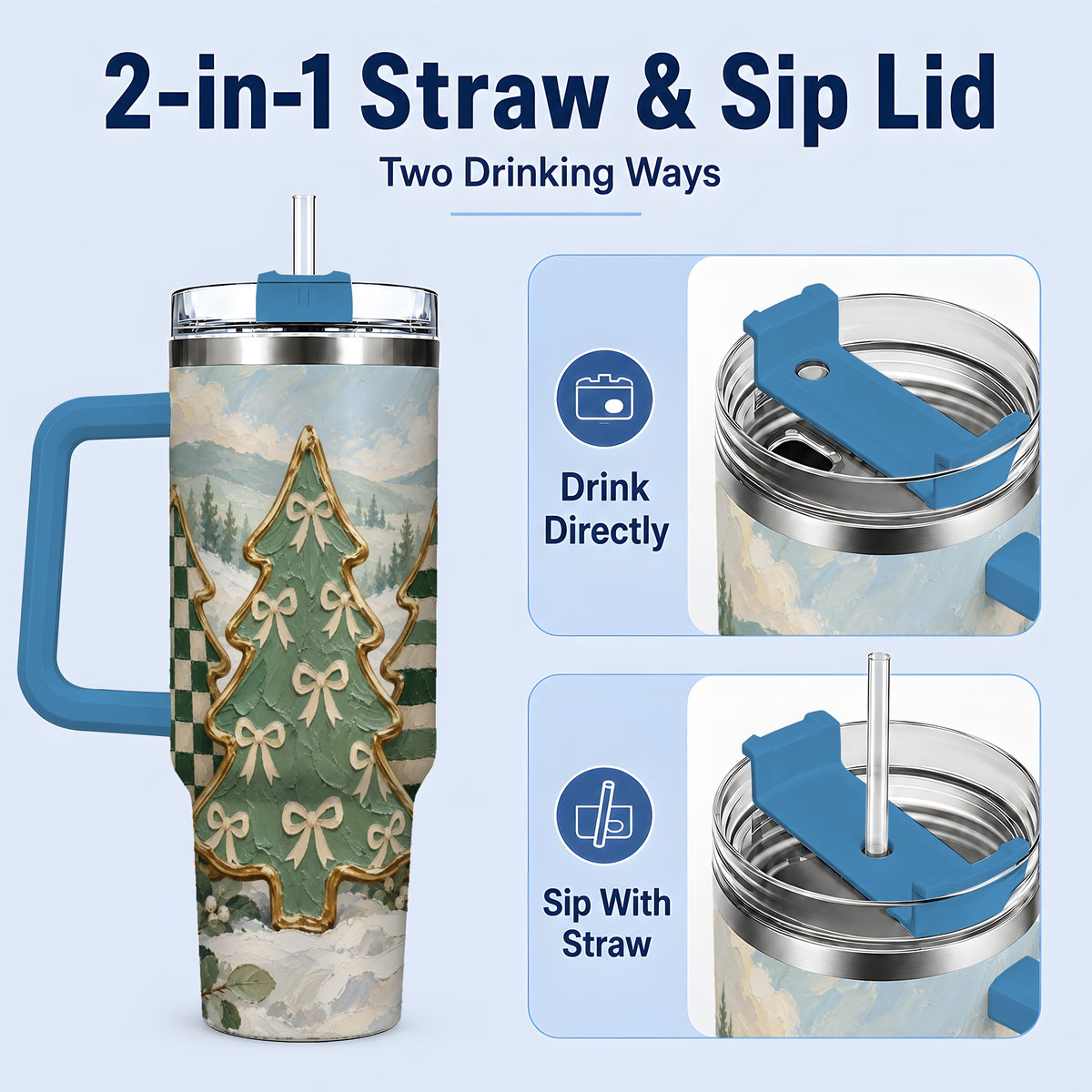 #pl[40oz|Blue] Christmas Tree Handled Tumbler, 40oz Stainless Steel Holiday Drinkware