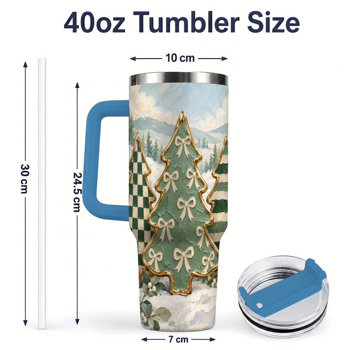 #pl[40oz|Blue] Christmas Tree Handled Tumbler, 40oz Stainless Steel Holiday Drinkware