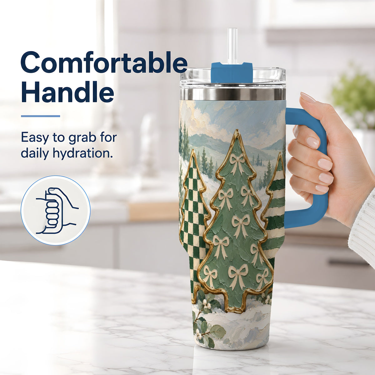 #pl[40oz|Blue] Christmas Tree Handled Tumbler, 40oz Stainless Steel Holiday Drinkware