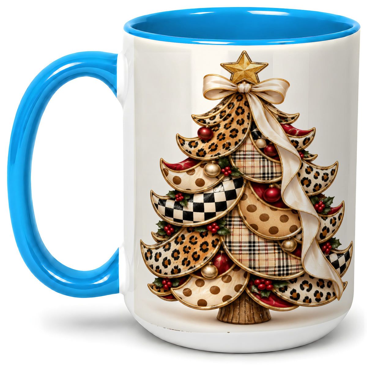#pl[15oz|Blue] Leopard Print Christmas Tree Accent Mug, Ceramic Cup with Plaid Art