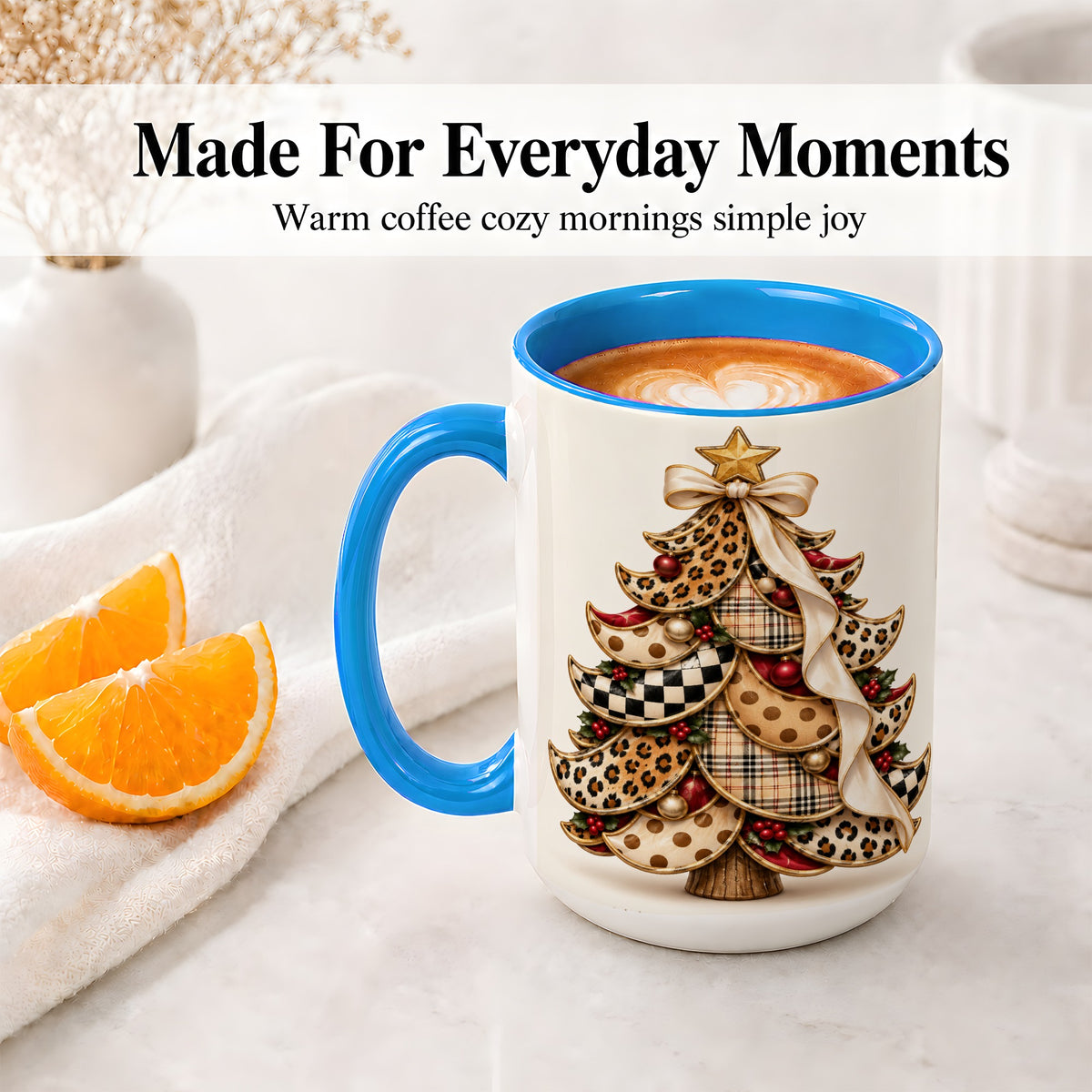 #pl[15oz|Blue] Leopard Print Christmas Tree Accent Mug, Ceramic Cup with Plaid Art