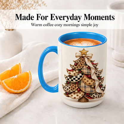 #pl[15oz|Blue] Leopard Print Christmas Tree Accent Mug, Ceramic Cup with Plaid Art
