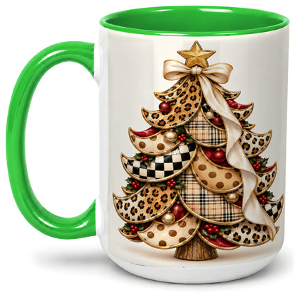 #pl[15oz|Green] Leopard Print Christmas Tree Accent Mug, Ceramic Cup with Plaid Art