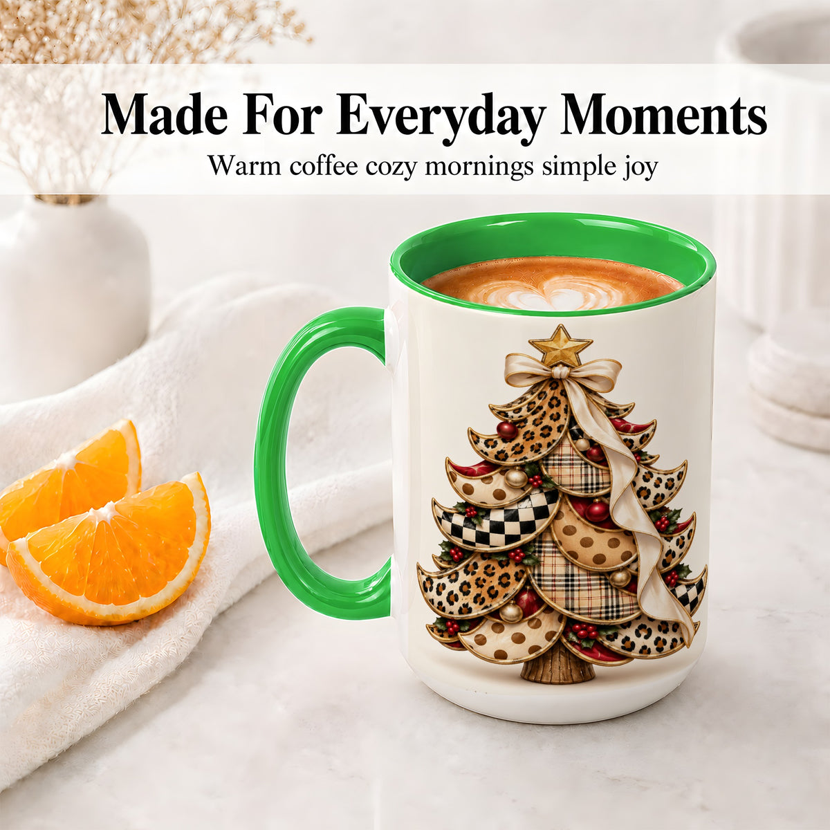 #pl[15oz|Green] Leopard Print Christmas Tree Accent Mug, Ceramic Cup with Plaid Art