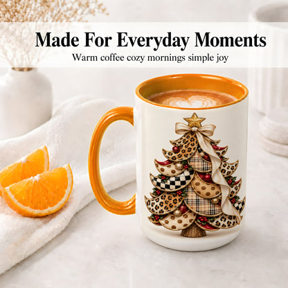 #pl[15oz|Orange] Leopard Print Christmas Tree Accent Mug, Ceramic Cup with Plaid Art