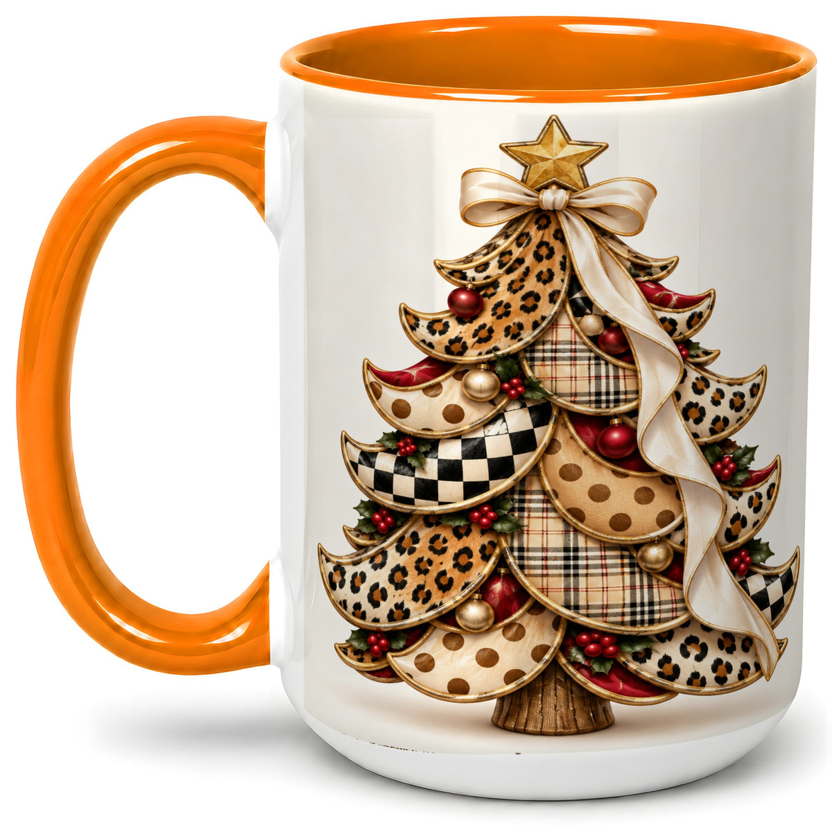 #pl[15oz|Orange] Leopard Print Christmas Tree Accent Mug, Ceramic Cup with Plaid Art