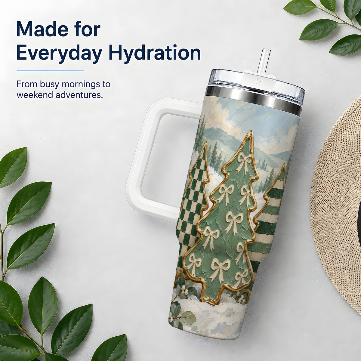 Christmas Tree Handled Tumbler, 40oz Stainless Steel Holiday Drinkware