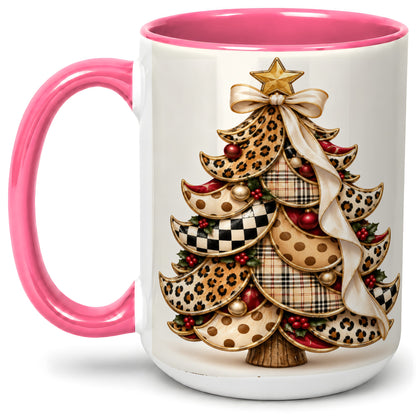 #pl[15oz|Pink] Leopard Print Christmas Tree Accent Mug, Ceramic Cup with Plaid Art