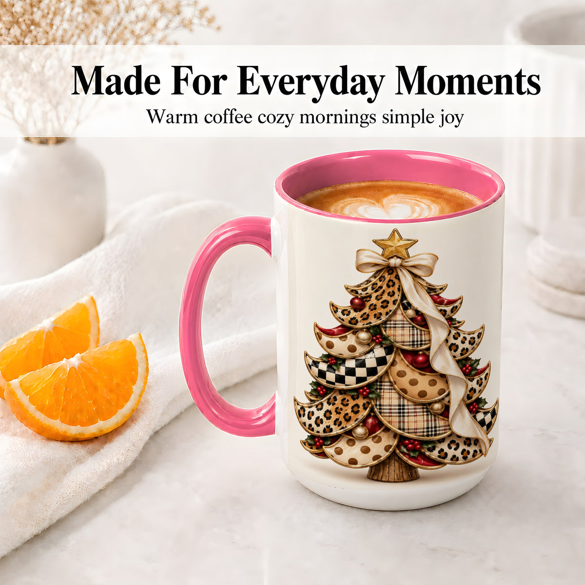 #pl[15oz|Pink] Leopard Print Christmas Tree Accent Mug, Ceramic Cup with Plaid Art