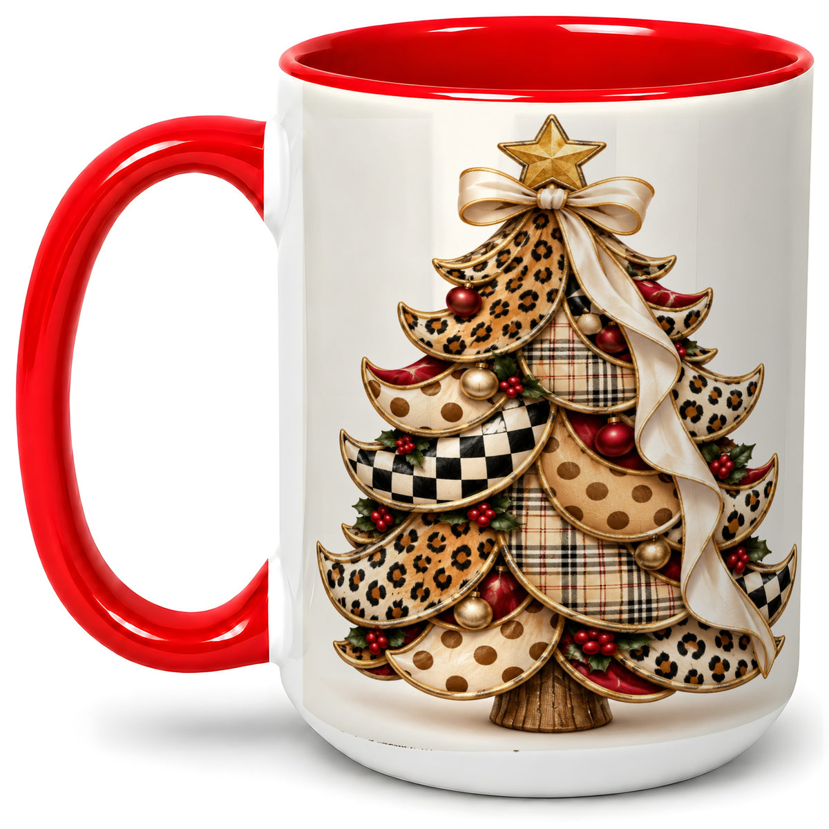 #pl[15oz|Red] Leopard Print Christmas Tree Accent Mug, Ceramic Cup with Plaid Art