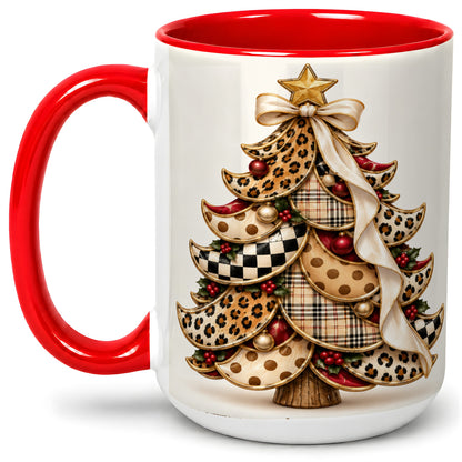 #pl[15oz|Red] Leopard Print Christmas Tree Accent Mug, Ceramic Cup with Plaid Art