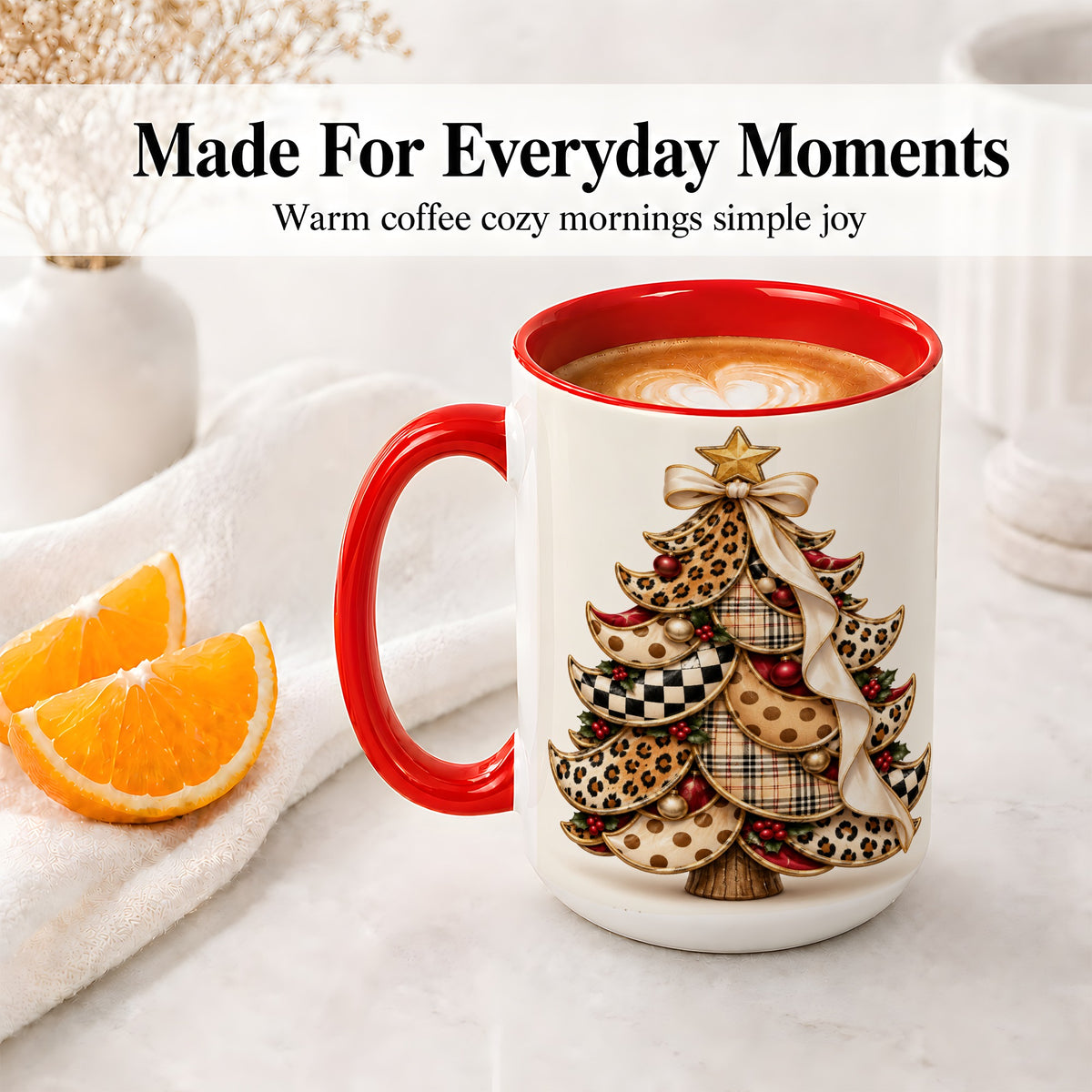 #pl[15oz|Red] Leopard Print Christmas Tree Accent Mug, Ceramic Cup with Plaid Art