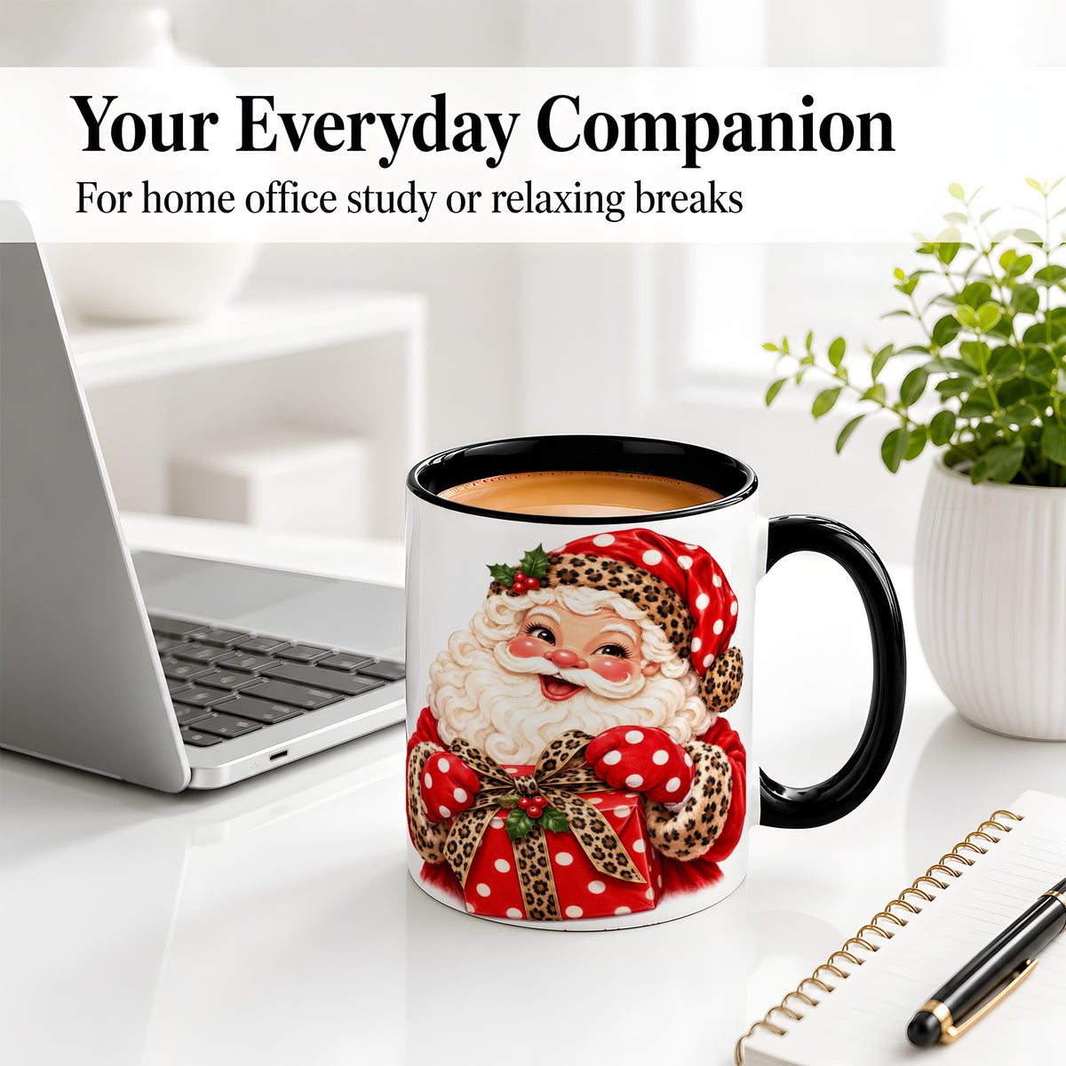 #pl[11oz|Black] Leopard Print Santa Accent Mug, Ceramic Cup with Christmas Art