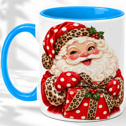 #pl[11oz|Blue] Leopard Print Santa Accent Mug, Ceramic Cup with Christmas Art