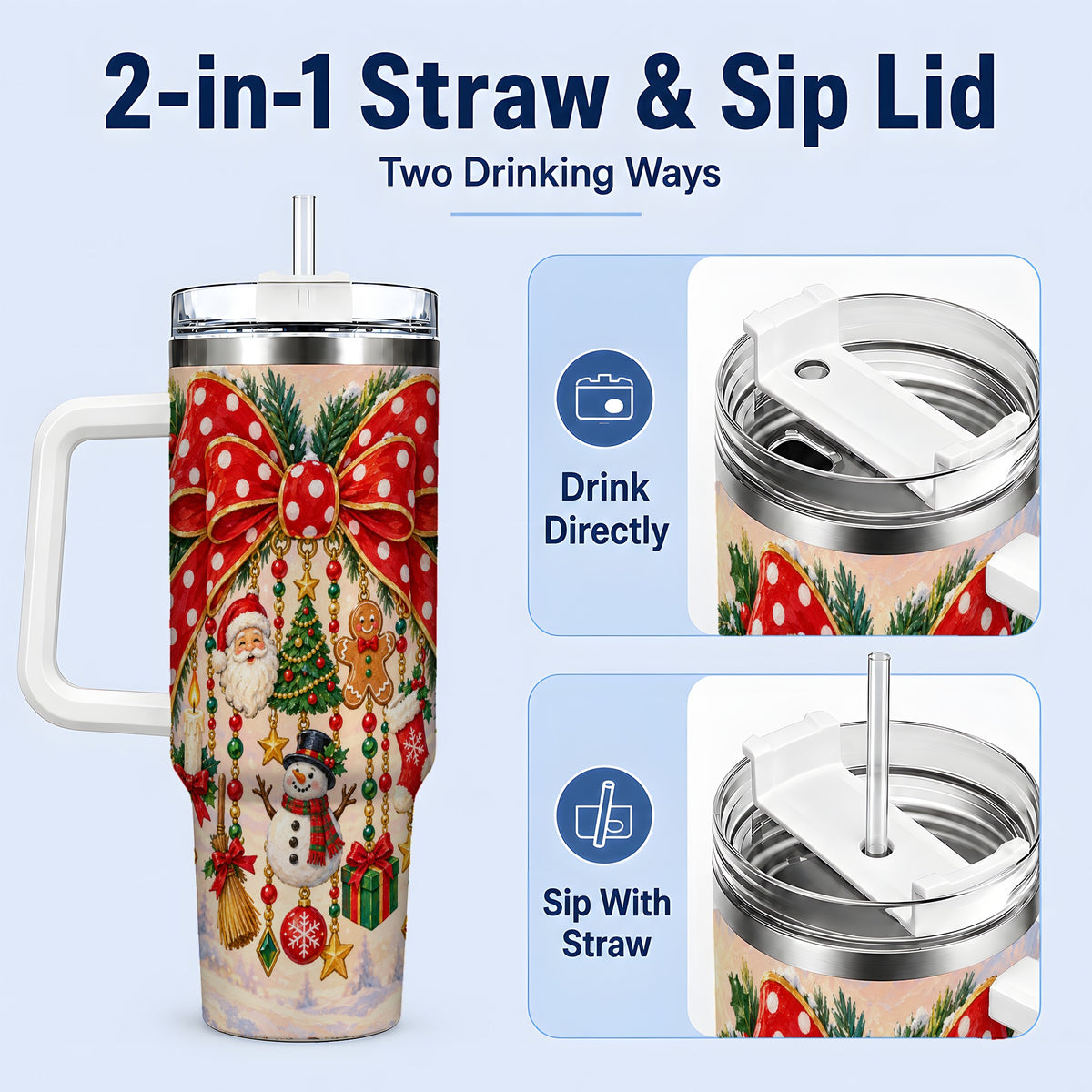 #pl[40oz|White] Christmas Bow Handled Tumbler, 40oz Stainless Steel Holiday Drinkware