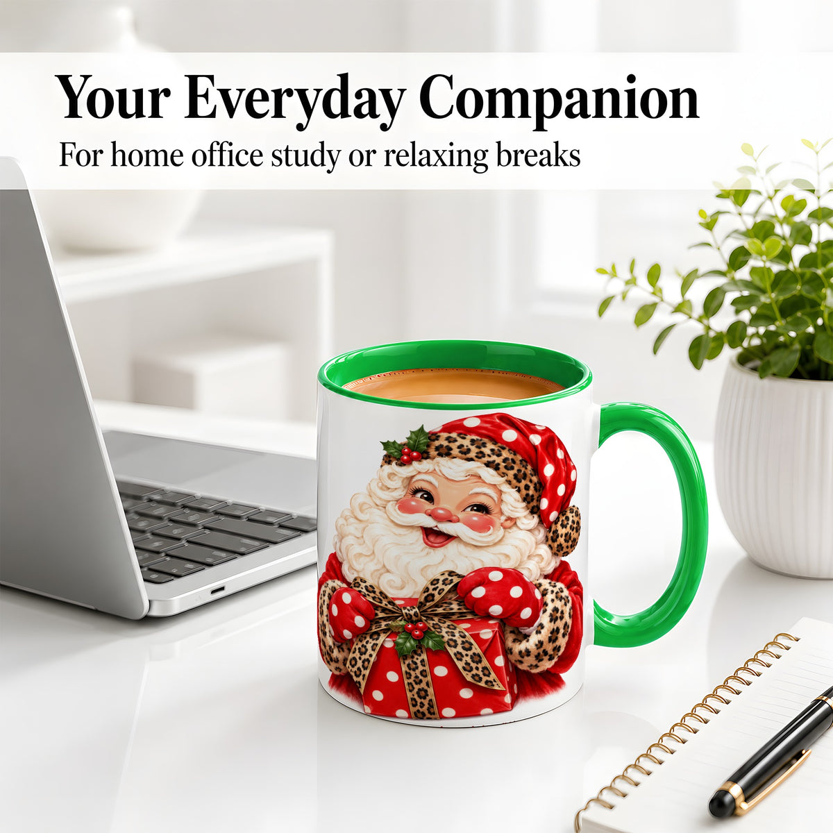 #pl[11oz|Green] Leopard Print Santa Accent Mug, Ceramic Cup with Christmas Art