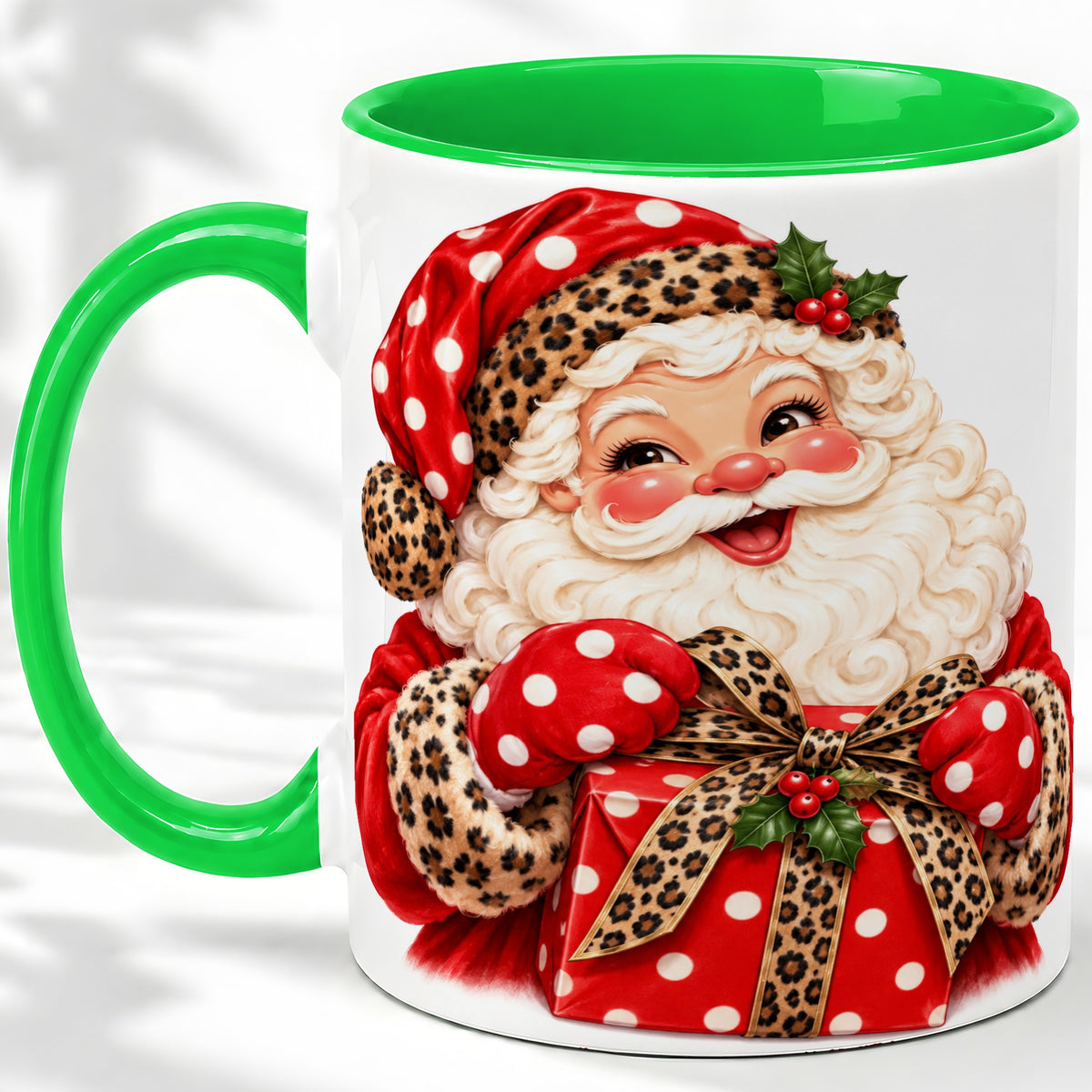 #pl[11oz|Green] Leopard Print Santa Accent Mug, Ceramic Cup with Christmas Art