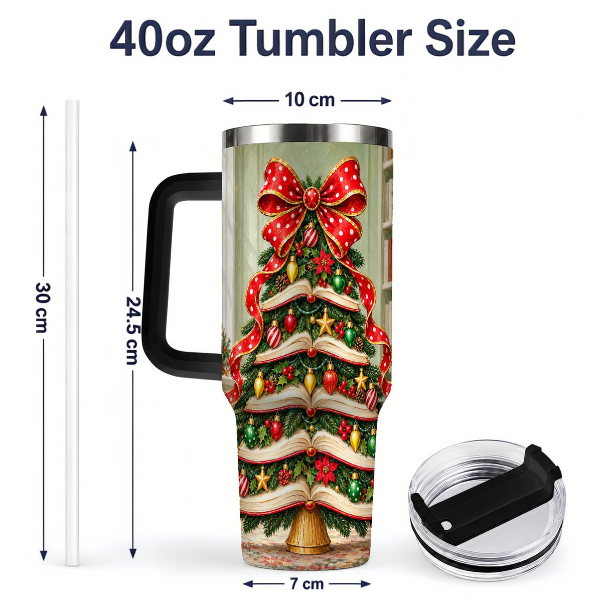 #pl[40oz|Black] Christmas Book Tree Handled Tumbler, 40oz Stainless Steel for Readers