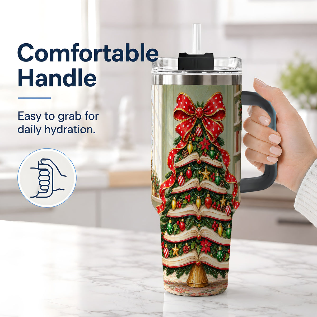 #pl[40oz|Black] Christmas Book Tree Handled Tumbler, 40oz Stainless Steel for Readers