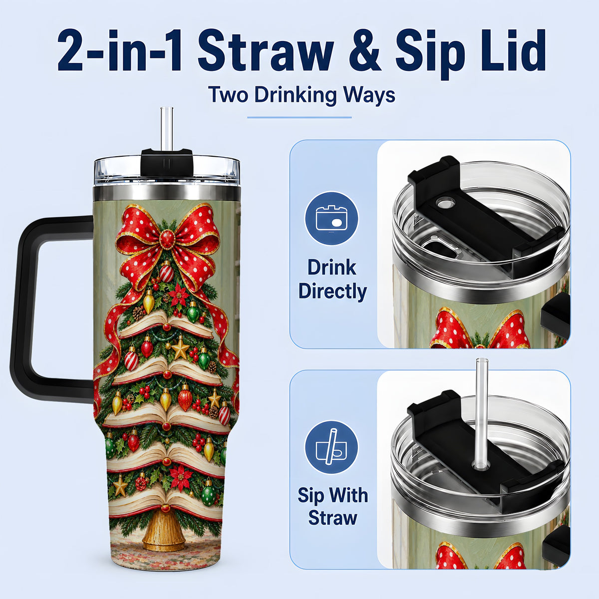 #pl[40oz|Black] Christmas Book Tree Handled Tumbler, 40oz Stainless Steel for Readers